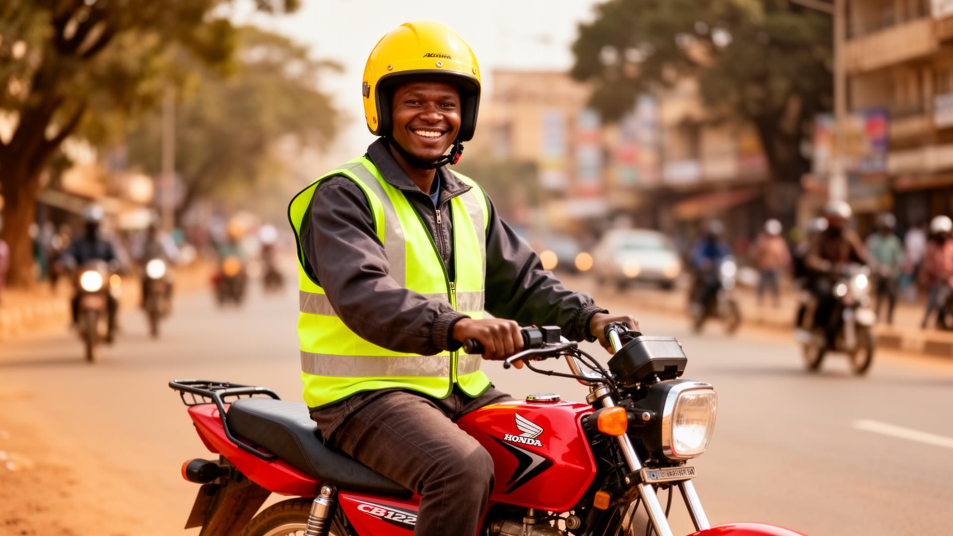 Kenyan boda boda rider smiling on a red Honda CB125 motorcycle